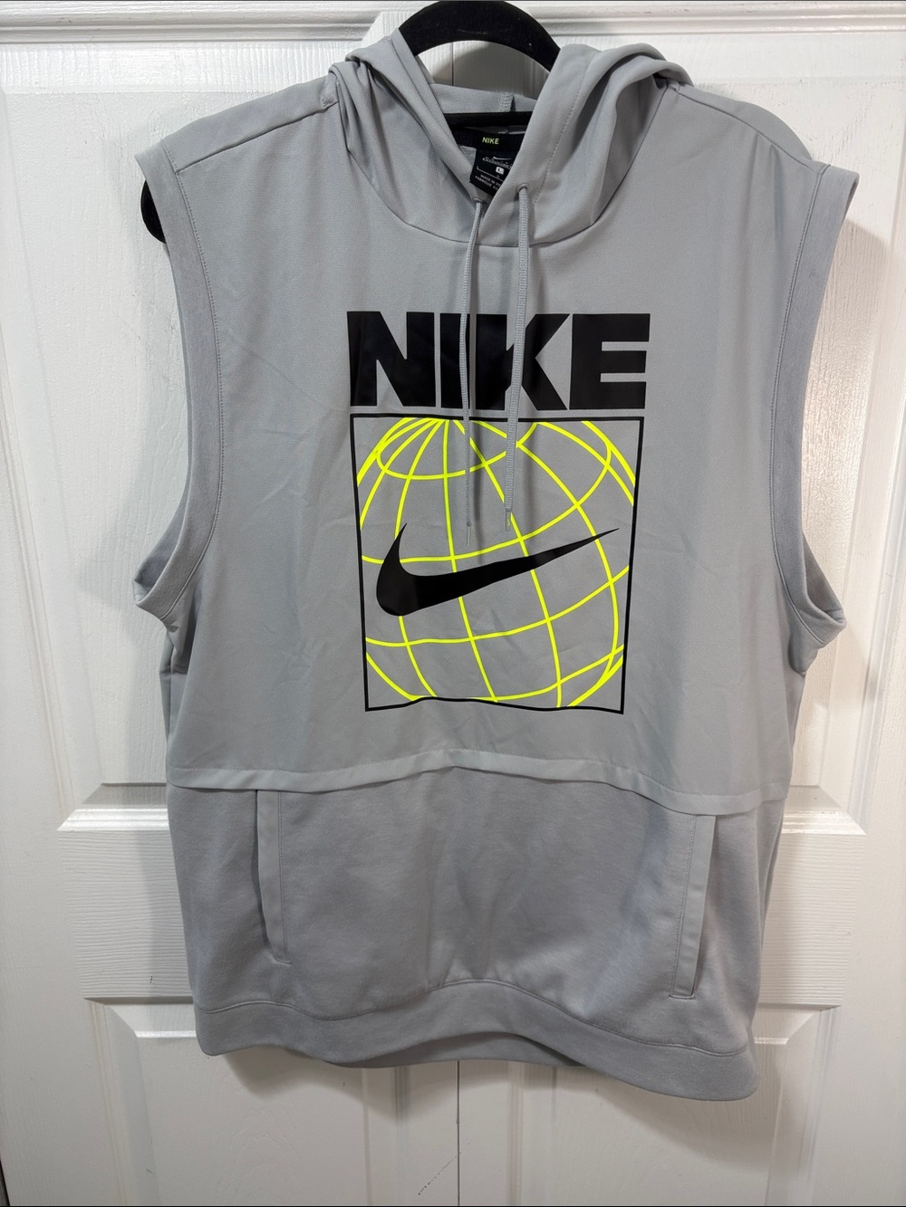 Nike Light Gray Sleeveless Hoodie with Neon Yellow Globe